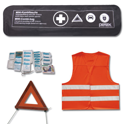 First aid kit consisting of triangle, first aid kit and safety vest